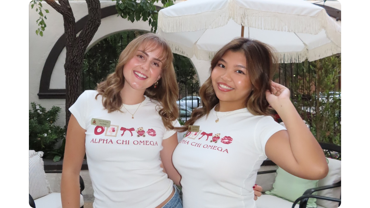 Alpha Chi Omega sorority girls in matching white custom shirts from Fresh Prints