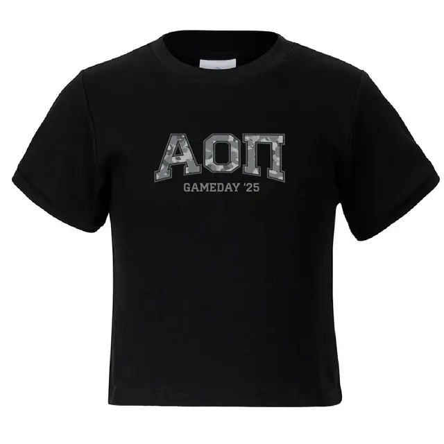 Camo Patterned Text in Gray Game Day Shirt Design for Alpha Omicron Pi