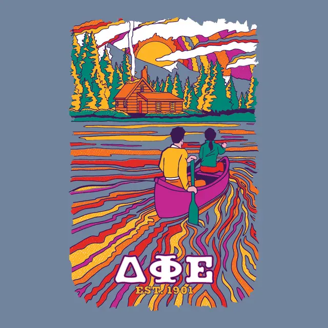 Delta Phi Epsilon Multi-Colored Vintage Canoe And Lakeside Cabin Design for Sorority