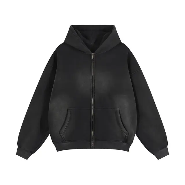 Tapstitch-Sunfade-Twoway-Zipper-Boxy-Fleece-Hoodie-Black-Front