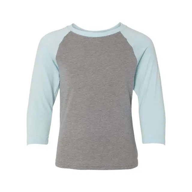 Youth CVC Three-Quarter Sleeve Raglan Ice Blue Sleeves Dark Heather Grey Body Front