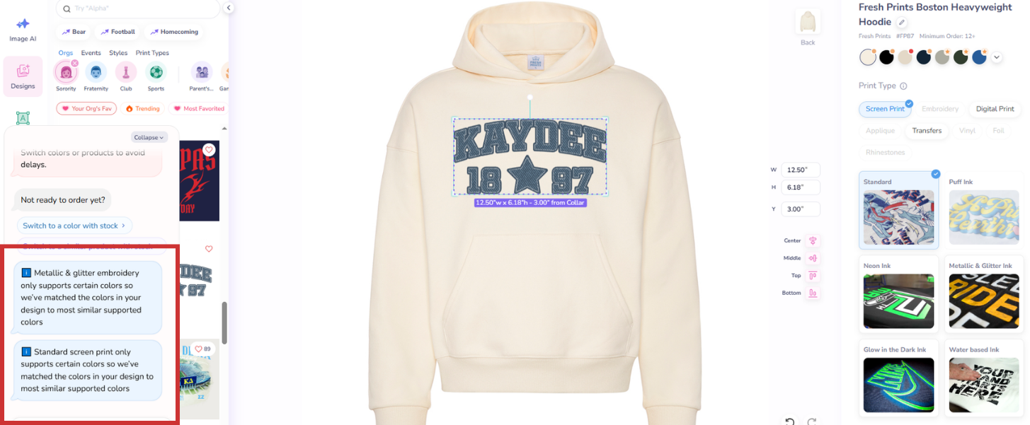 Colors Automatically Adjust Based on Print Type on Design Tool   Chatbot Notif Included