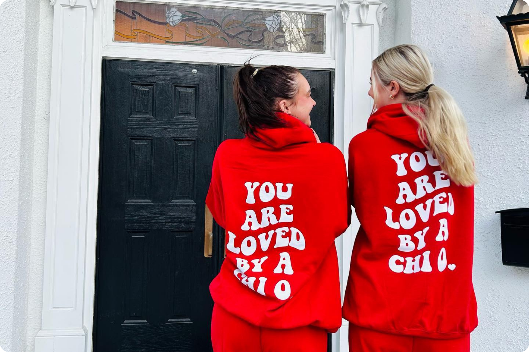 Sorority girls at Oklahoma State University wearing matching sorority hoodies