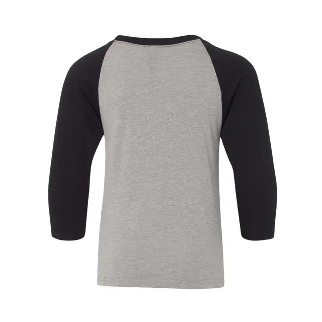Youth CVC Three-Quarter Sleeve Raglan Black Sleeves Dark Heather Grey Body Back