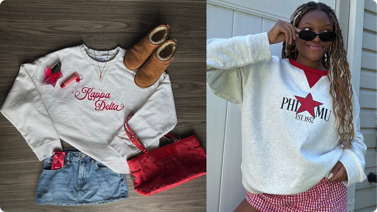 Fresh Prints Retro Crewneck with a contrast V insert styled two ways: with denim mini skirt and gingham shorts