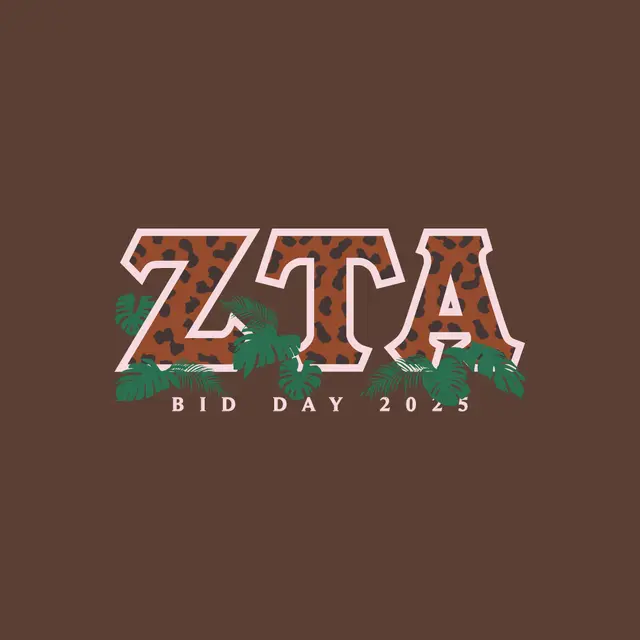 Zeta Tau Alpha Leopard Print Text with Leaves Bid Day Shirt