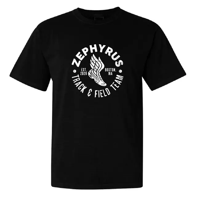Track & Field Team Zephyrus Winged Shoe Circle Design PR Shirt 2
