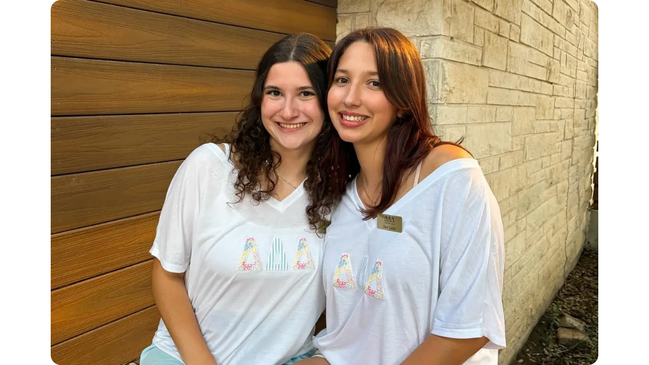 Tri Delta sorority girls wearing white customized tshirts from Fresh Prints