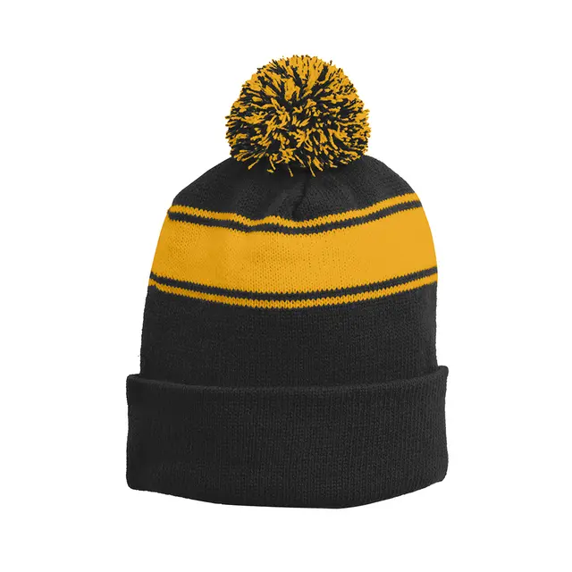 Sport-Tek Sport-Tek® Stripe Pom Pom Beanie Black Gold Back