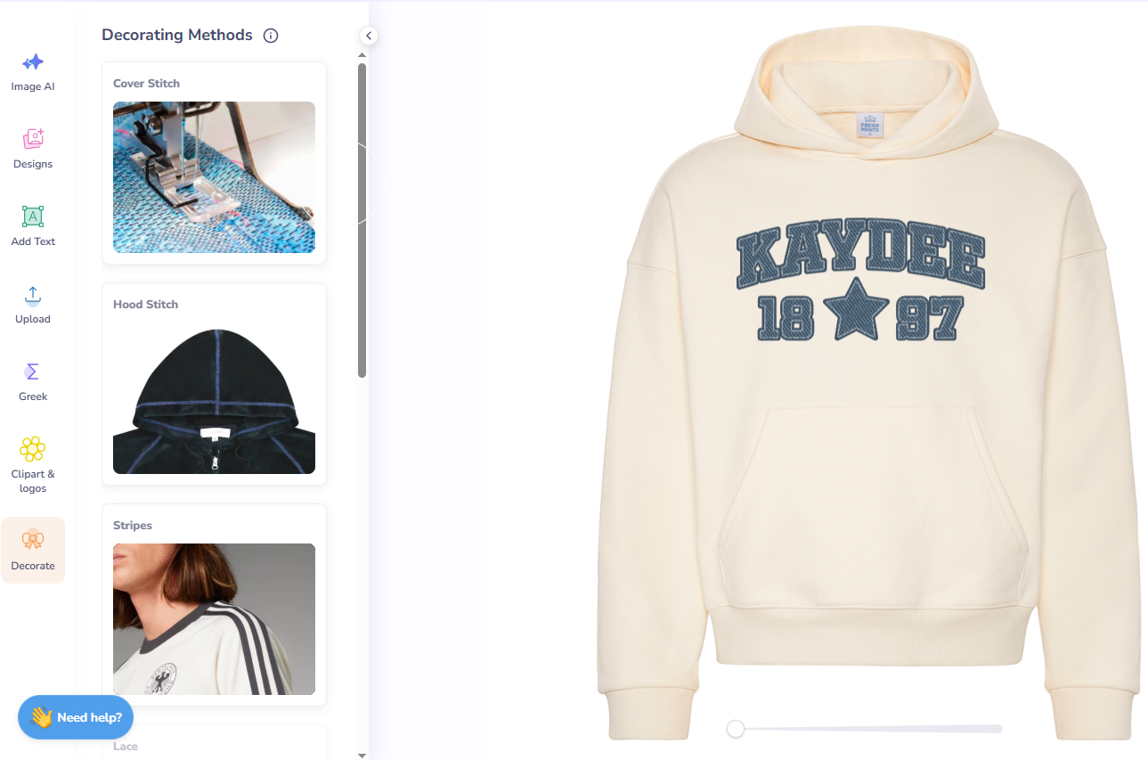 Decoration Methods Available on Fresh Prints Design Tool