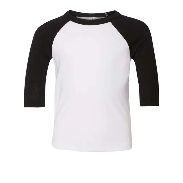 Bella + Canvas Toddler 3/4 Sleeve Baseball Tee 3200t White and Black Front