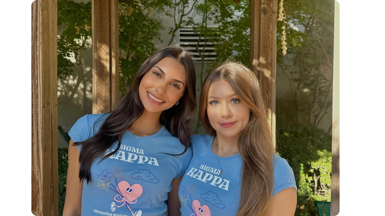 Sigma Kappa members wearing custom blue shirts by Fresh Prints