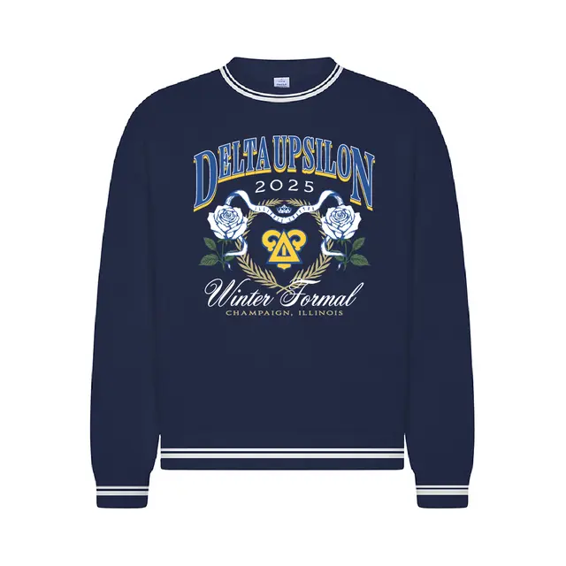 Delta Upsilon Bold Text with Blue Roses Winter Formal Crewneck 2