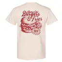 Shirt with Sorority Retro Vintage Burgers & Fries Food Snack Script Philanthropy design on it.