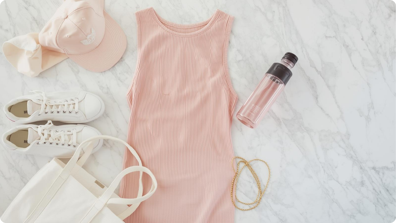 Open House outfit inspo, including a casual dress, comfy shoes, and a water bottle