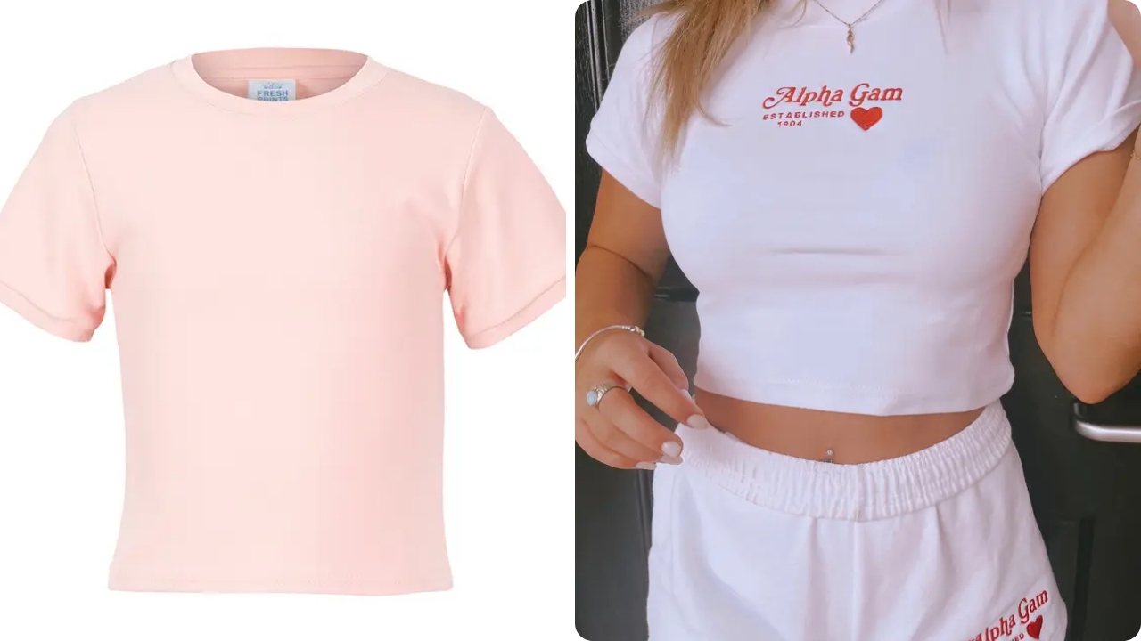 Fresh Prints Mini Tee in Pink and Alpha Gamma sorority girl wearing a white Mini Tee