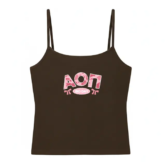 Alpha Omicron Pi Pink Camo Letters and Bows Bid Day Tank 2