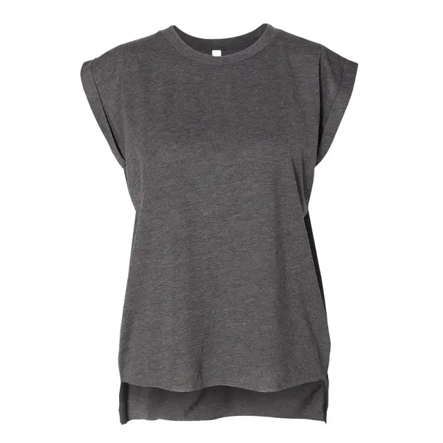 Bella + Canvas Ladies' Flowy Muscle T-Shirt with Rolled Cuff Dark Grey Heather Front