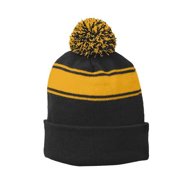 Sport-Tek Sport-Tek® Stripe Pom Pom Beanie Black Gold Front