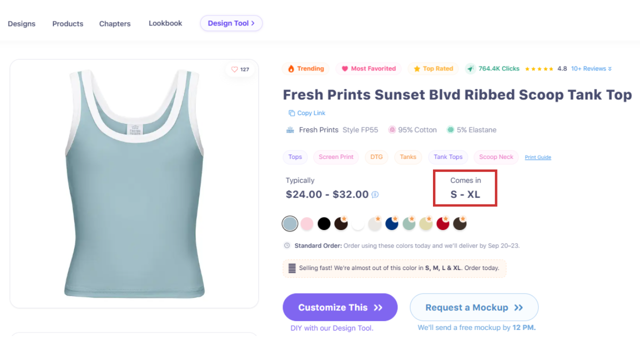 Available Sizes Are Shown on Every Producto on Fresh Prints Site